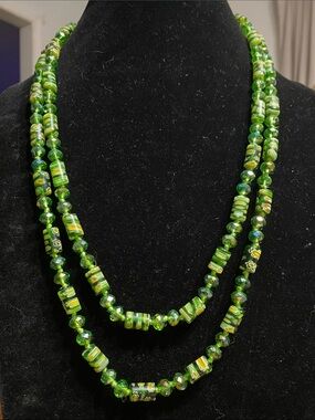 Green Millefiori Glass/Crystal Bead Layered Necklace